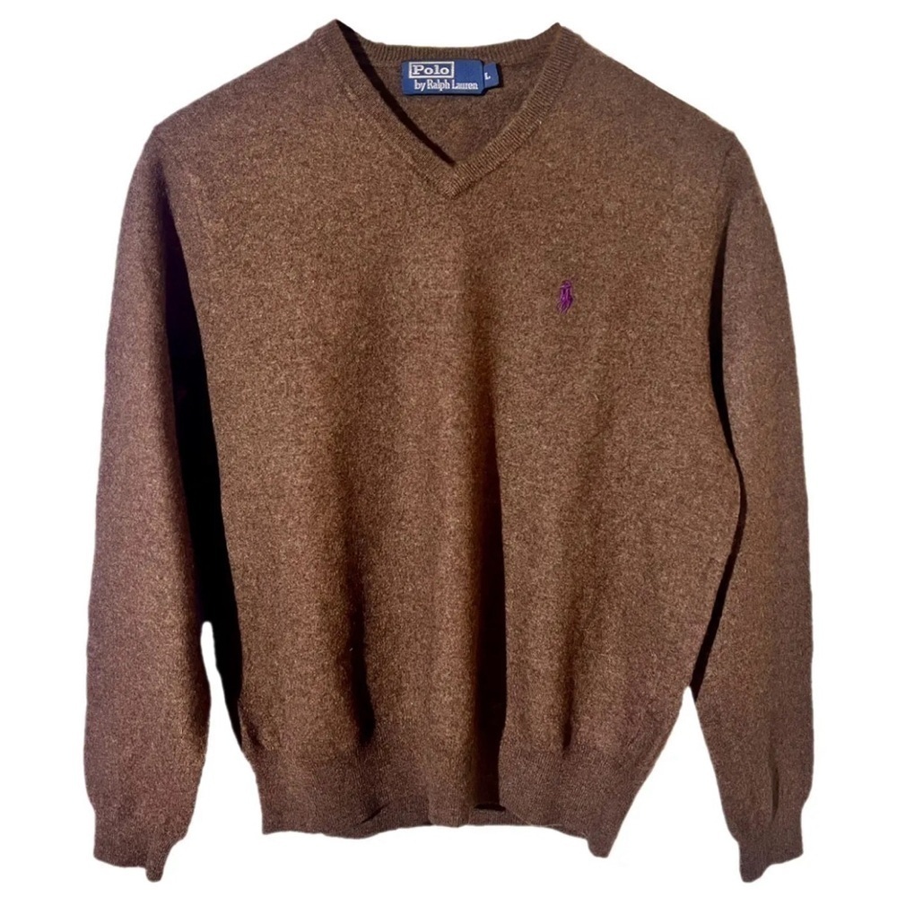 VTG Ralph Lauren Men’s 100% Wool Sweater Brown Pullover V Neck L Classic Preppy